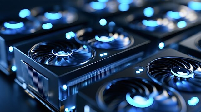 Graphics cards for a cryptocurrency mining rig with glowing blue lights representing digital processing power, blockchain transactions, and data computation in a modern technology concept