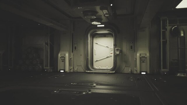Flickering hallway with exposed wiring and corroded panels, scattered debris on grated floor, shadowy alcoves and low ambient light creating tense abandoned