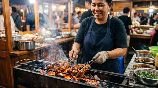 Female street food vendor grilling skewers of beef meatballs over charcoal flame highlighting authentic Indonesian culinary and night market vibe