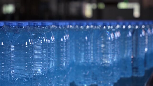 Rows of Plastic Water Bottles in Bottling Factory