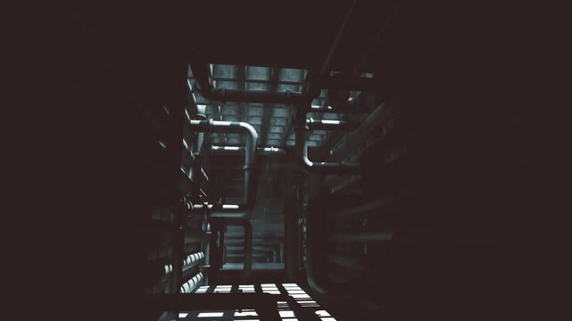 Abandoned boiler room filled with tangled pipes and rusted valves, sootstained walls and cracked insulation, decayed industrial atmosphere with heavy texture