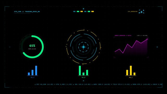 Crypto trading dashboard financial data visualization cryptocurrency stock market exchange digital heads up display HUD interface technology motion footage