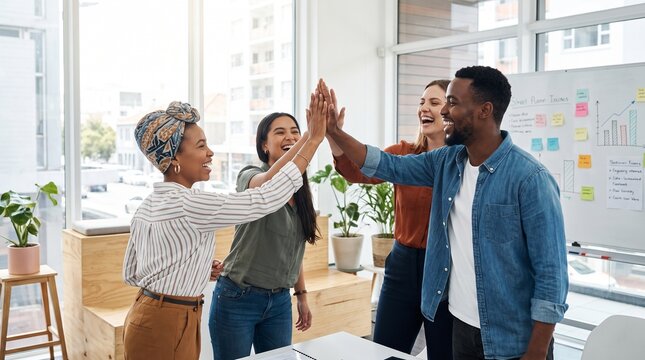 Diverse business team celebrating success with high five in modern office, happy colleagues cheering together, corporate teamwork and collaboration concept