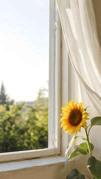 Close up of a yellow sunflower with soft white sheer curtains and warm sunlight streaming in for aesthetic mobile wallpaper background