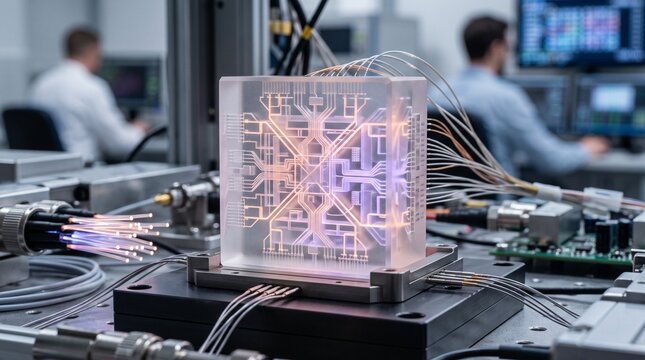 Photonic quantum computer chip prototype with glowing optical circuits inside a crystal block on a laboratory table