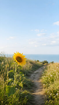 Bright yellow sunflower growing on a coastal hill overlooking the blue sea ocean and scenic horizon smartphone wallpaper screen background