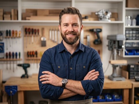 Bearded man in a navy blue shirt standing with crossed arms in a workshop with a wooden pegboard wall filled with various hand tools and power equipment on shelves
