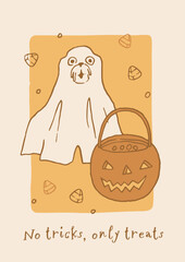 Obraz premium Haunted Halloween line art fun dog poster. Cute and creepy pet whimsical home decor for autumn holidays. Notricks, only treats. Hand drawn vector design for 31 October