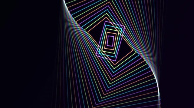 Abstract Neon Rectangles Rotating in a Hypnotic Tunnel Motion Background