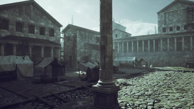 Archaeological dig at Roman site. Archaeologists actively exploring Roman forum using trenches measuring stakes tents and research instruments