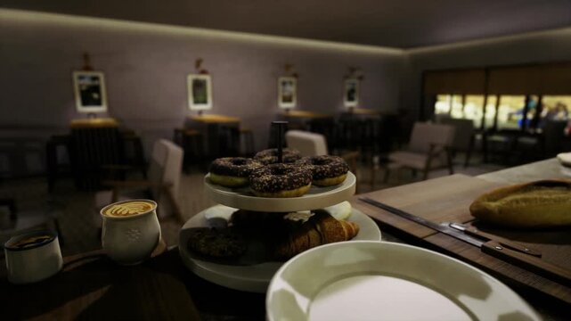 Twotier donut tower with coffee, windowlit dining room, bread roll and croissant on plate, porcelain cup, roomservice style presentation, calm morning