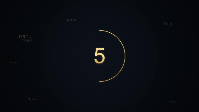 10 second motion of Gold 2027 New Year Countdown with Scattered Multilingual Text on Dark Background