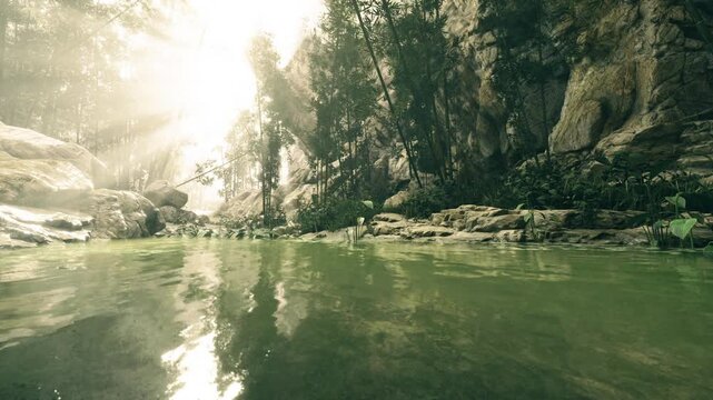 Sunlit river pool with reflective surface shallow green water mirrors rocky banks, beams of light pierce forest canopy creating peaceful riverscape