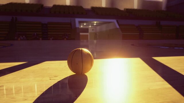 Basketball close on hardwood during sunrise with strong texture and seam visible, tightly framed shot emphasizes material, grip, and light contrast