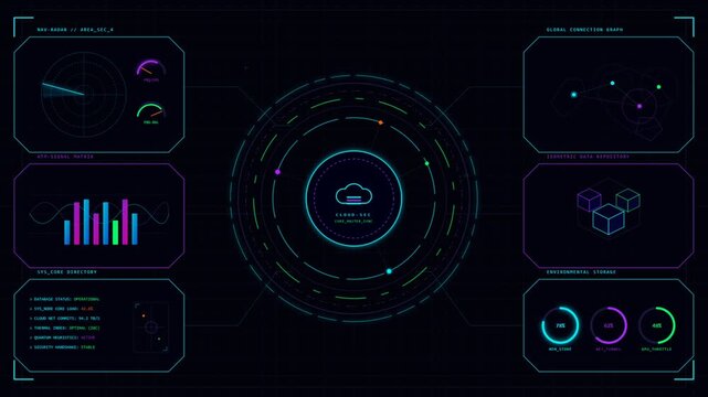 Futuristic digital HUD dashboard displaying cloud security metrics and data visualization charts for high-tech information monitoring