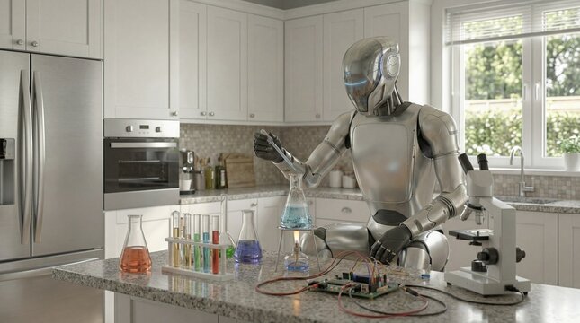 Robot scientist conducting chemistry experiment with test tubes and microscope in modern kitchen 3d render