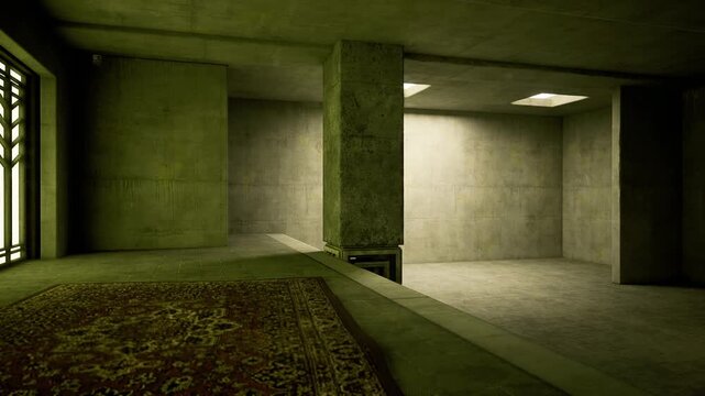 Carpeted alcove with ornate rug, lattice window and soft filtered light. Pillared room shows worn texture and warm amber tones, intimate sanctuary atmosphere
