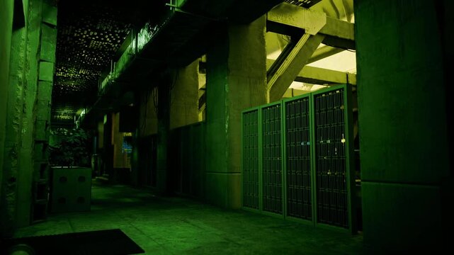 Maintenance corridor lined with metal partitions, overhead piping and cable trays, green tinted lighting, worn floor grates, engineer inspection route,