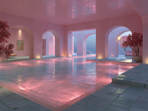 Dreamy pink indoor pool space with textured plaster walls, multiple arches, glowing wall lamps and shimmering pink lit pool water.