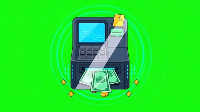 Animated ATM machine dispensing cash with credit card inserted on chroma key green screen background