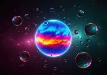 Fototapeta premium Abstract cosmic background featuring a vibrant planet orb surrounded by glowing glass bubbles and iridescent spheres in deep space ether, space, glass, design