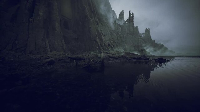 Towering cliff silhouette reflected in water, jagged spires and calm tidal pool create dramatic mirrored composition, blue dusk tones and vignette amplify