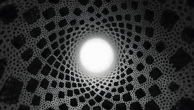 Dark architectural dome interior with geometric pattern and bright light. Futuristic design and sci-fi concept. Ornate mesh grid structure viewed from inside a tunnel