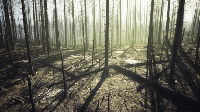 Long charcoal shadows cut across forest floor, vertical trunks create graphic patterns, cold greenish haze backlit by low sun, atmosphere of quiet emptiness