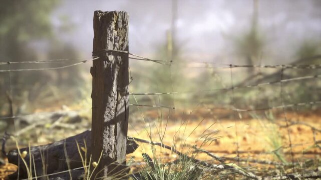 Dawn light on rustic fence post casting warm glow and long shadows, dew on nearby grass, calm pasture mood evoking early morning farm routine and gentle