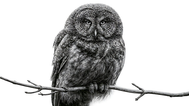 A great horned owl perches on a bare branch in monochrome