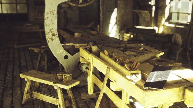Midconstruction wooden frame on workbench with clamps and fasteners, visible sawdust and layout lines, workshop energy focused on assembly and upcycle project