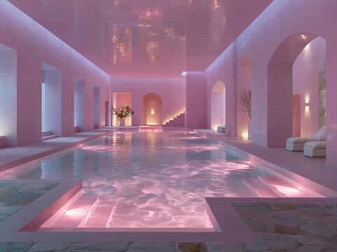 Dreamy pink indoor pool space with textured plaster walls, multiple arches, glowing wall lamps and shimmering pink lit pool water.