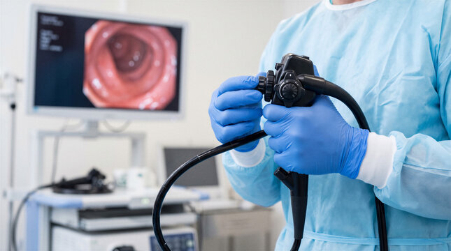 Medical professional holding flexible colonoscope during endoscopy procedure with internal colon image displayed on monitor.