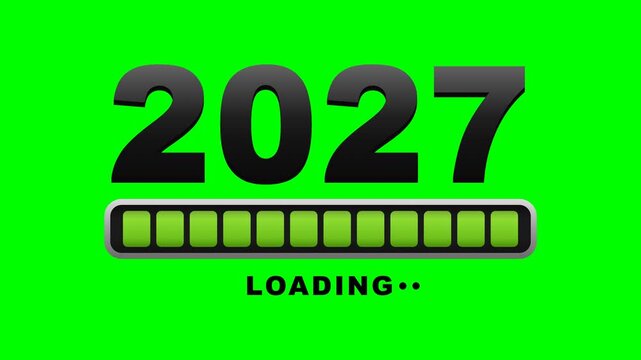 Faithful battery-style loading recreation on solid chroma GREEN background: the huge 2027 digits look VOLUMETRIC and filled with substance - a stacked extrusion of dark copies beneath gives real thick