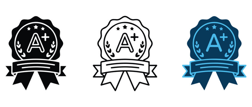Professional badge seals featuring A plus grade symbol with star and ribbon design for awards and achievements