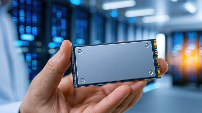 Handheld solid state drive module held by technician in data center with blurred server rack lights creating focused technical mood