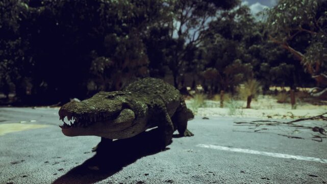 Sunlit moss crocodile sculpture crossing road, photorealistic texture and sharp teeth casting long shadow on cracked asphalt, dense treeline backdrop