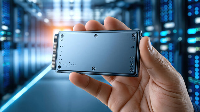 Hand holding solid state drive in server room with blue lighting and blurred racks, compact nvme module showcasing metallic enclosure and connector