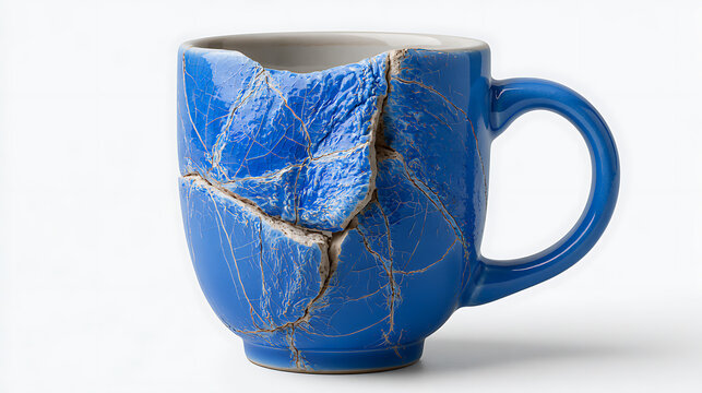 Broken blue ceramic mug isolated on white background with visible cracks
