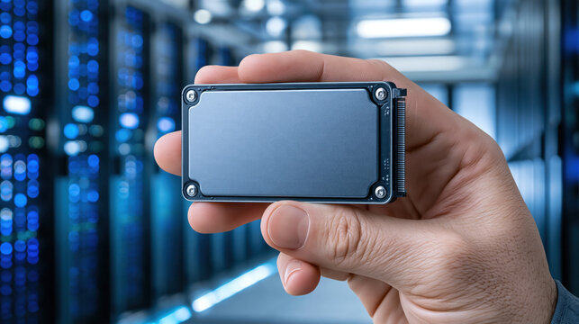 Hand holding solid state drive in server room conveying focus and confidence in data storage and technology security