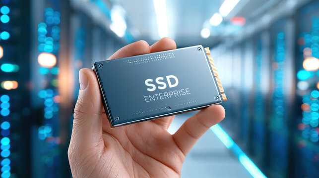 SSD enterprise solid state drive held by technician hand in data center aisle conveying confidence and precision