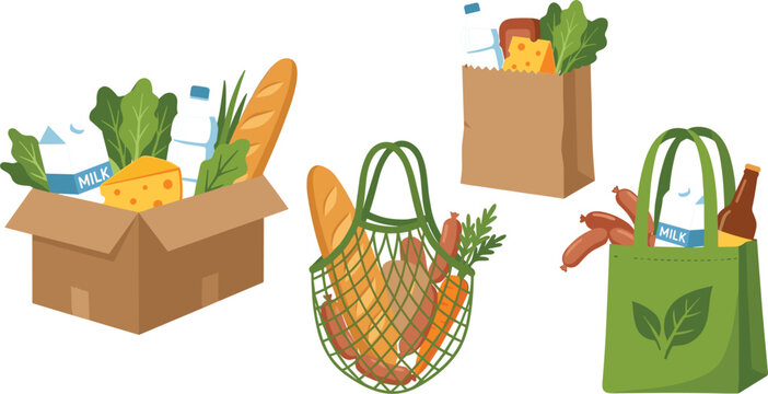 Grocery food bags and box delivery collection vector illustration set with reusable eco tote paper sack isolated on white