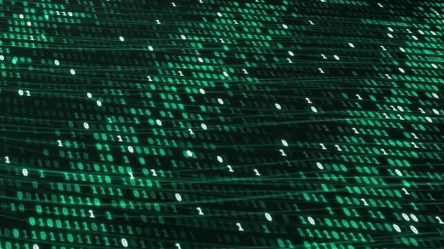 Binary code stream animation. Digital matrix background. Computer data processing flow. Cyber security code perspective. Glowing green numbers display. Information technology panel. Cyberpunk software