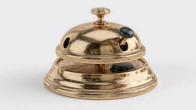 Brass hotel reception service bell with black push buttons on white surface