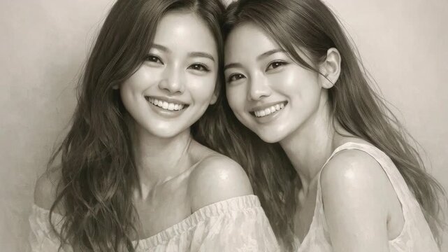 Portrait of two smiling Asian women leaning their heads together