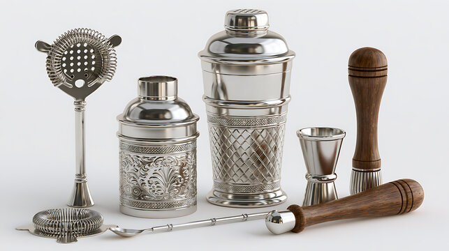 Silver cocktail shaker set with strainer jigger and muddler on a white surface