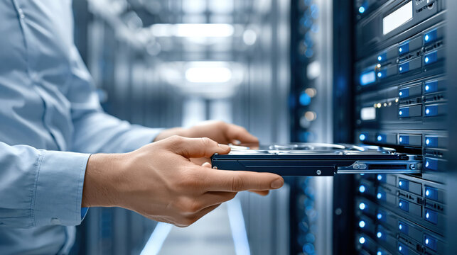 Cropped hands installing hard drive in data center rack with blue status lights, technical maintenance and secure server storage