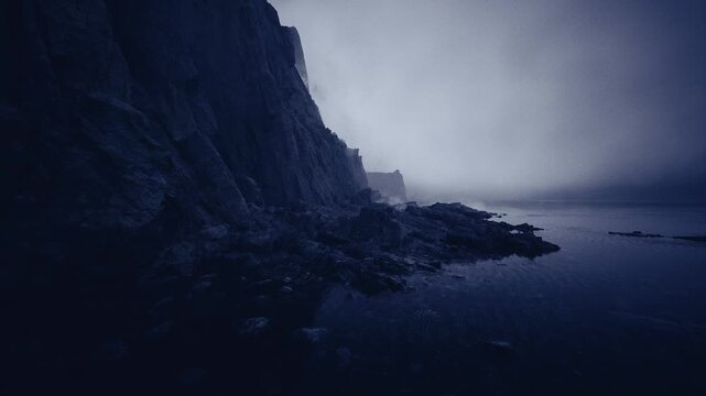 blue hour coastal panorama with cliffs and shallow tidal pools, soft ambient light, cool tones and tranquil mood, textured foreground rocks leading eye