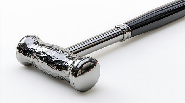 A reflex hammer with a textured head rests on a white background