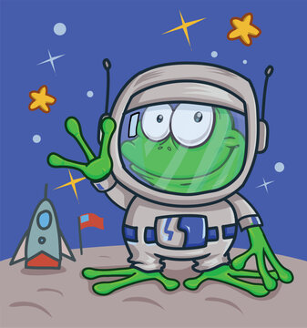 Cute Cartoon Frog Astronaut in Space Vector Illustration